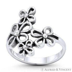 Daisy Flower Cluster Wide-Span Charm Boho Ring in .925 Sterling Silver - Size 9